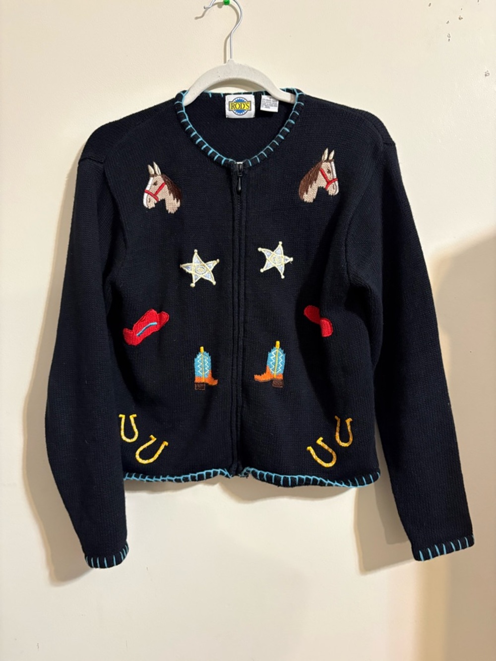 Rod's Western sweater women’s small full zip black embroidered equestrian theme